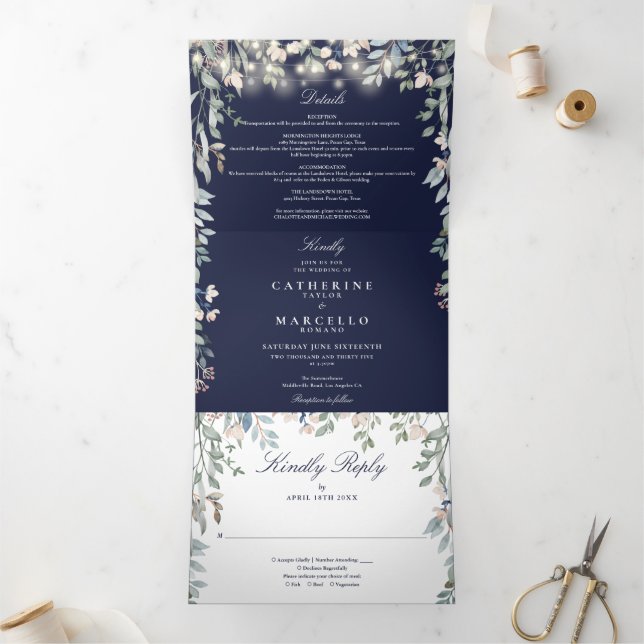 Invitation Trois Volets Mariage photo Navy Blue Floral (Intérieur)