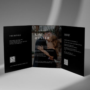 Invitation Trois Volets Mariage photo noir et blanc RSVP détails QR code