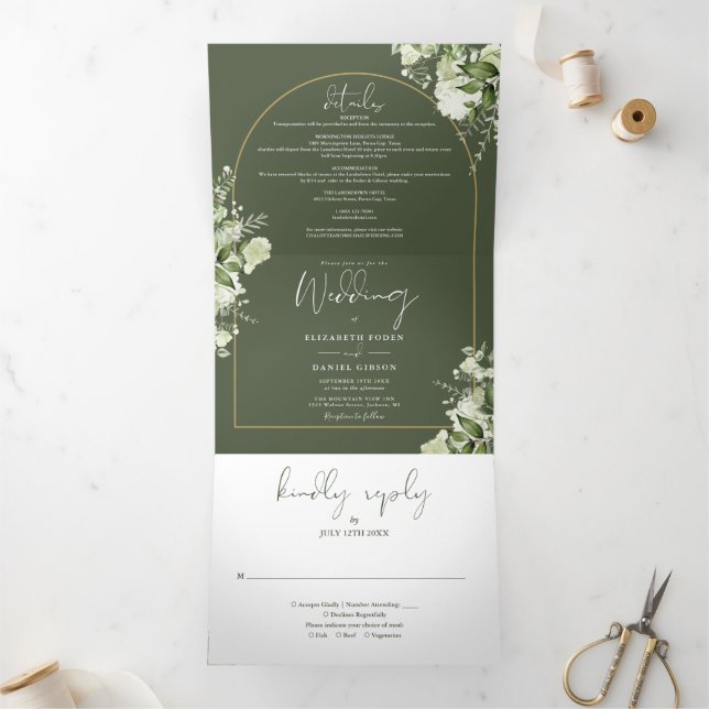 Invitation Trois Volets Mariage photo Olive green Greenery Gold Arch (Intérieur)