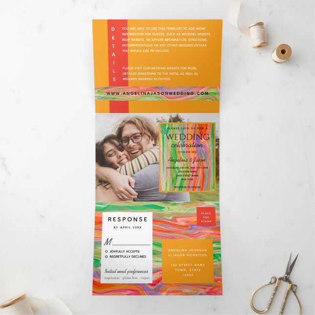 Invitation Trois Volets mariage photo orange 3 en 1 (Intérieur)