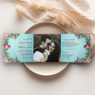 Invitation Trois Volets Mariage photo papillon floral bleu et rose