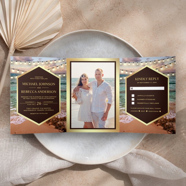 Invitation Trois Volets Mariage photo Plage Sunset String Light All in One (Créateur téléchargé)