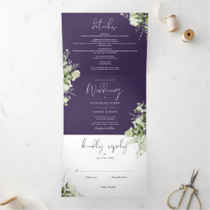 Invitation Trois Volets Mariage photo Purple Modern Botanical Greenery
