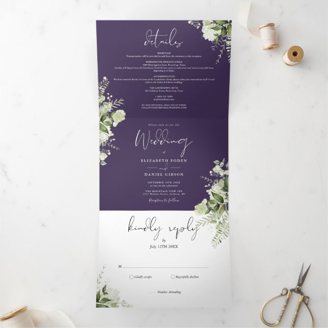 Invitation Trois Volets Mariage photo Purple Modern Botanical Greenery (Intérieur)