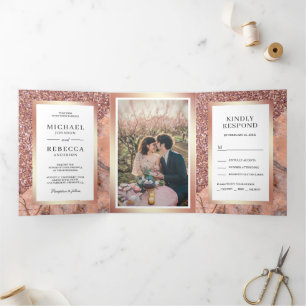 Invitation Trois Volets Mariage photo Rose Gold Parties scintillant en mar