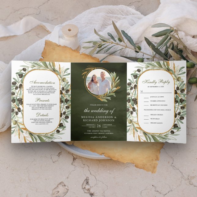 Invitation Trois Volets Mariage photo Rustic Olive Green Feuille (Créateur téléchargé)