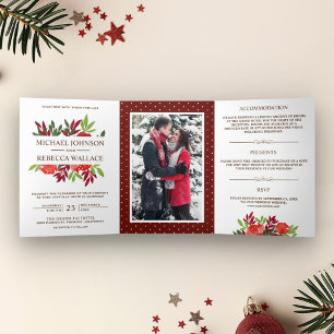 Invitation Trois Volets Mariage photo Rustic Red et Green Feuilles