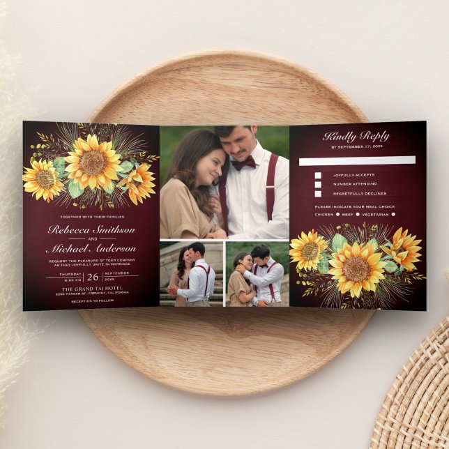 Invitation Trois Volets Mariage photo Rustique Burgundy Wood Sunflowers (Créateur téléchargé)