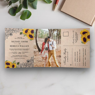 Invitation Trois Volets Mariage Photo Rustique Campagne Fleurs Broderie De