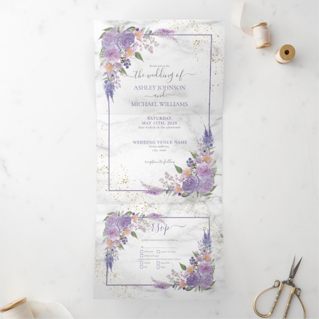 Invitation Trois Volets Mariage photo Rustique Lavender Lilac Gold Floral (Intérieur)