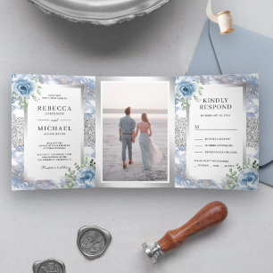 Invitation Trois Volets Mariage photo Silver Foil Dusty Blue Floral Marble