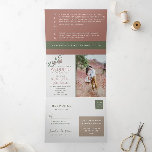 Invitation Trois Volets Mariage Photo Terracotta Moderne (Intérieur)