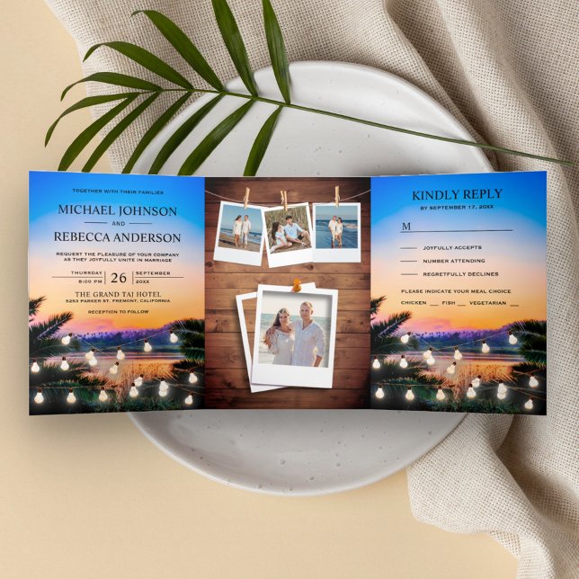 Invitation Trois Volets Mariage photo Tropical Beach Sunset String Lights (Créateur téléchargé)