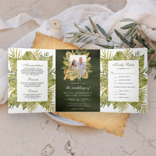 Invitation Trois Volets Mariage Photo Tropical Bohème Palmier Séché Vert O