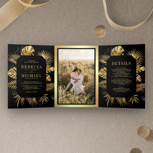 Invitation Trois Volets Mariage photo tropical palmier feuille or et noir