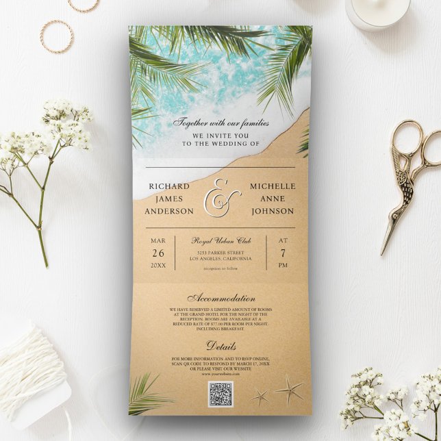Invitation Trois Volets Mariage Plage Tropicale Palmier Code QR Tout en Un (Créateur téléchargé)