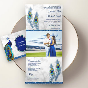 Invitation Trois Volets Mariage Plumes de Paon Indien Bleu Marbre Blanc