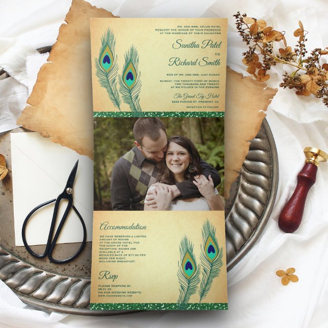 Invitation Trois Volets Mariage Plumes de Paon Indien Vert Rustique (Créateur téléchargé)