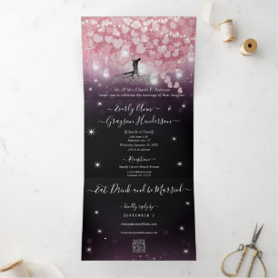 Invitation Trois Volets Mariage Poudre Violette Rose et Feuille de Cœur No