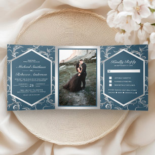 Invitation Trois Volets Mariage poussiéreux bleu argent flourish remous ph