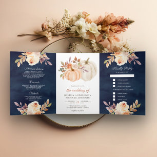 Invitation Trois Volets Mariage poussiéreux pêche floral citrouille bleu m