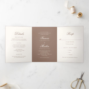 Invitation Trois Volets Mariage Romantique Brun Élégant