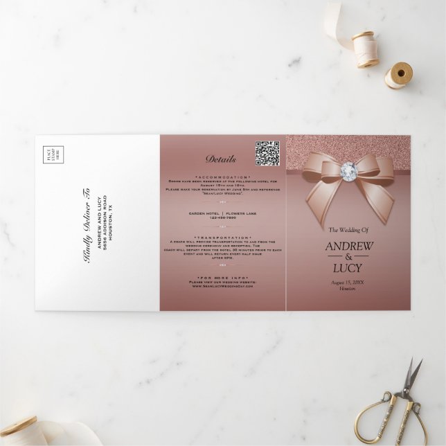 Invitation Trois Volets Mariage rose Gold Jewel Gem Bow QR Code (Extérieur)