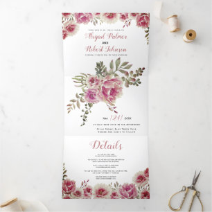 Invitation Trois Volets Mariage rose rose pâle des fleurs d'aquarelle