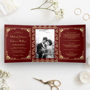 Invitation Trois Volets Mariage Rouge et Or de Style Art Déco Vintage