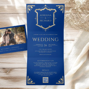 Invitation Trois Volets Mariage Royal Bleu Vintage Gold Crest Code QR