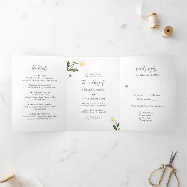 Invitation Trois Volets Mariage rustique aux fleurs de marguerite blanche (Intérieur)