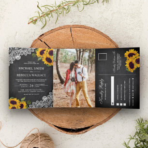 Invitation Trois Volets Mariage Rustique avec Tableau Noir et Dentelle de