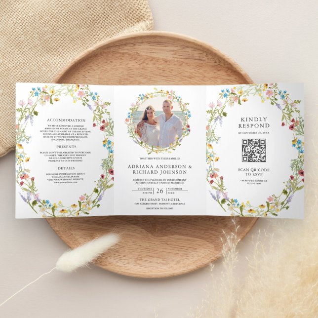 Invitation Trois Volets Mariage Rustique Bohème Code QR Photo Fleur Sauvag (Créateur téléchargé)