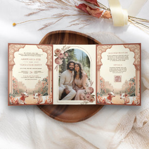 Invitation Trois Volets Mariage rustique boho champêtre floral indien vach