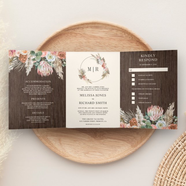 Invitation Trois Volets Mariage rustique boho champêtre floral Pampas en b (Créateur téléchargé)