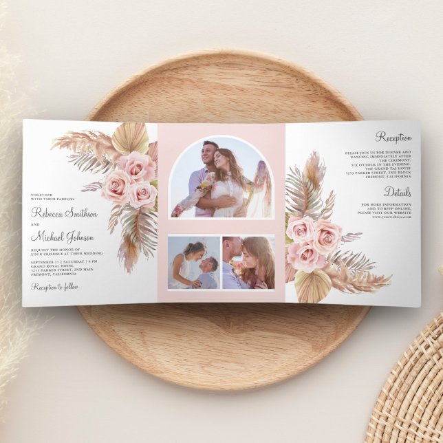 Invitation Trois Volets Mariage Rustique Boho Herbe de Pampas Roses Rose P (Créateur téléchargé)