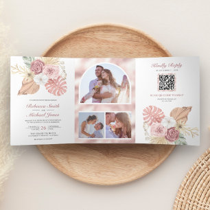 Invitation Trois Volets Mariage Rustique Boho Palmier Roses Rose Poussiére
