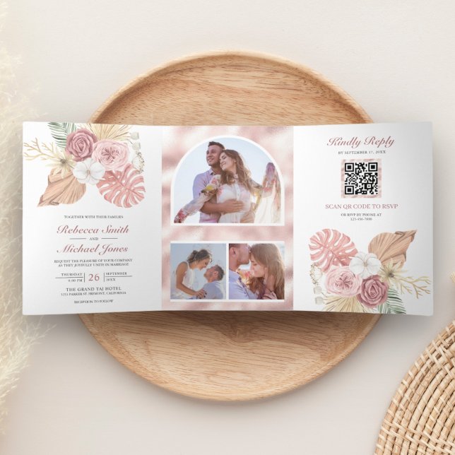 Invitation Trois Volets Mariage Rustique Boho Palmier Roses Rose Poussiére (Créateur téléchargé)