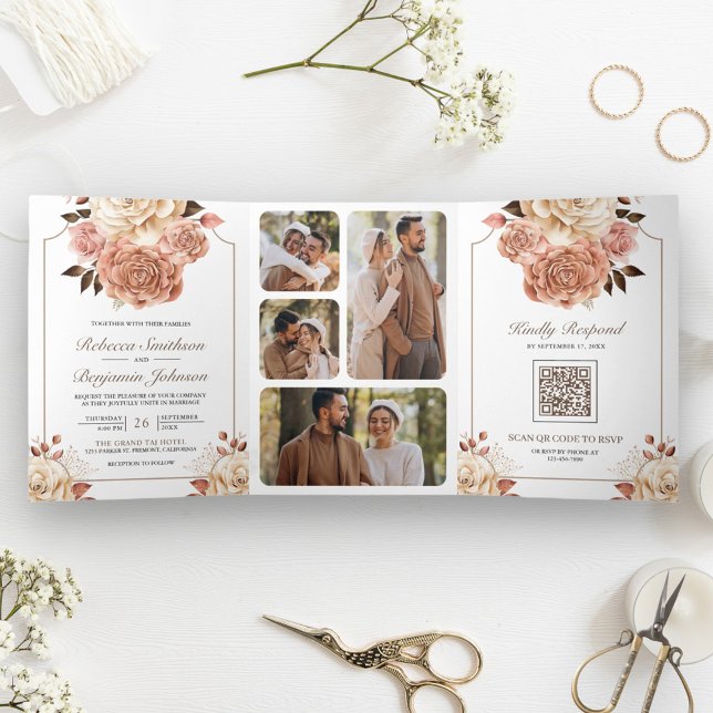 Invitation Trois Volets Mariage Rustique Boho Rose Gold Ivoire Code QR Flo (Créateur téléchargé)