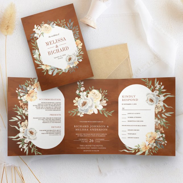 Invitation Trois Volets Mariage rustique boho terreux pêche floral terraco (Créateur téléchargé)