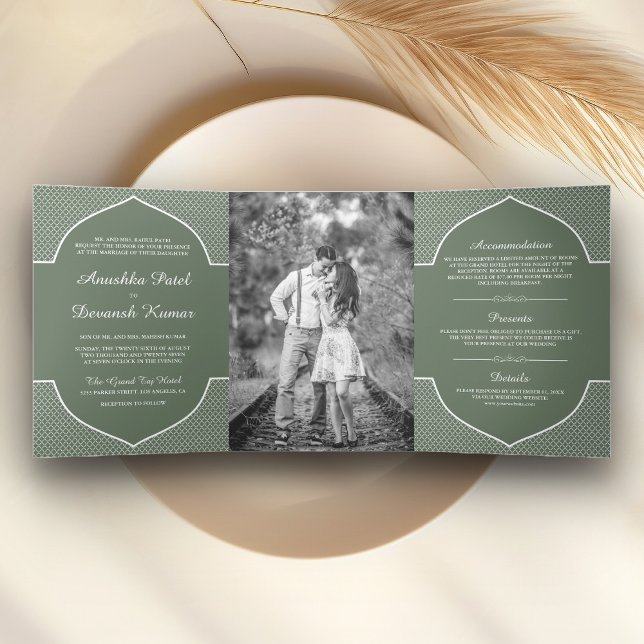 Invitation Trois Volets Mariage Rustique Boho Vert Sauge Ethnique Indien A (Créateur téléchargé)