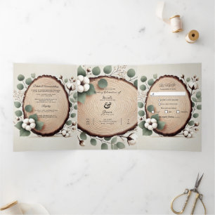 Invitation Trois Volets Mariage Rustique Bois de Forêt Eucalyptus & Coton