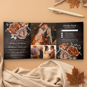 Invitation Trois Volets Mariage Rustique Bois Orange Brûlé Rose Tout en Un