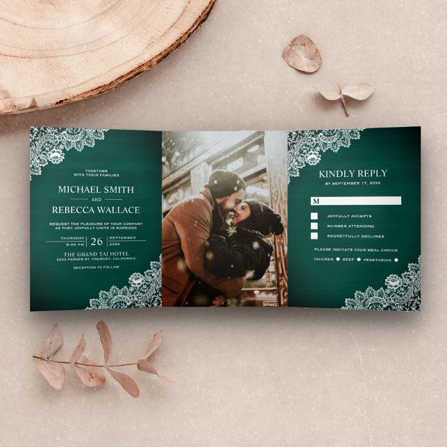 Invitation Trois Volets Mariage Rustique Campagnard Bois Vert Dentelle Pho (Créateur téléchargé)
