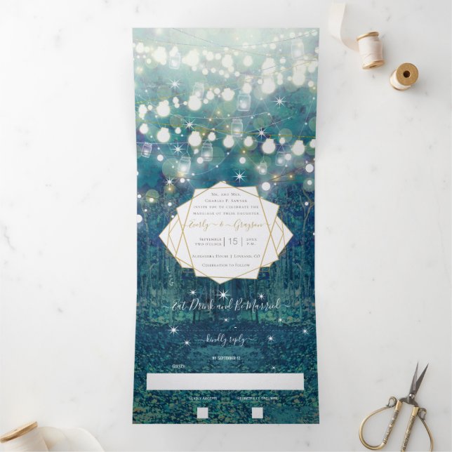 Invitation Trois Volets Mariage Rustique Chic en Forêt Bleu Vert Or (Intérieur)