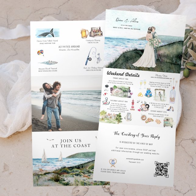 Invitation Trois Volets Mariage rustique côtier au bord de l'océan (Créateur téléchargé)