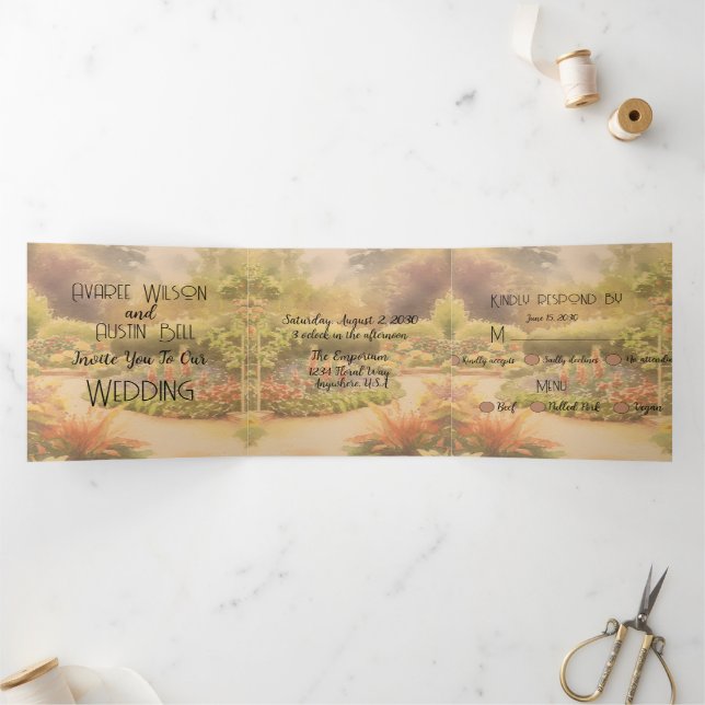 Invitation Trois Volets Mariage rustique dans le jardin (Intérieur)