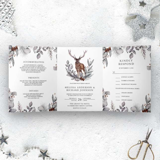 Invitation Trois Volets Mariage rustique de forêt aquarelle avec cerf (Créateur téléchargé)