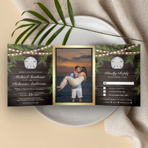 Invitation Trois Volets Mariage Rustique en Bois avec Feuille de Palmier T