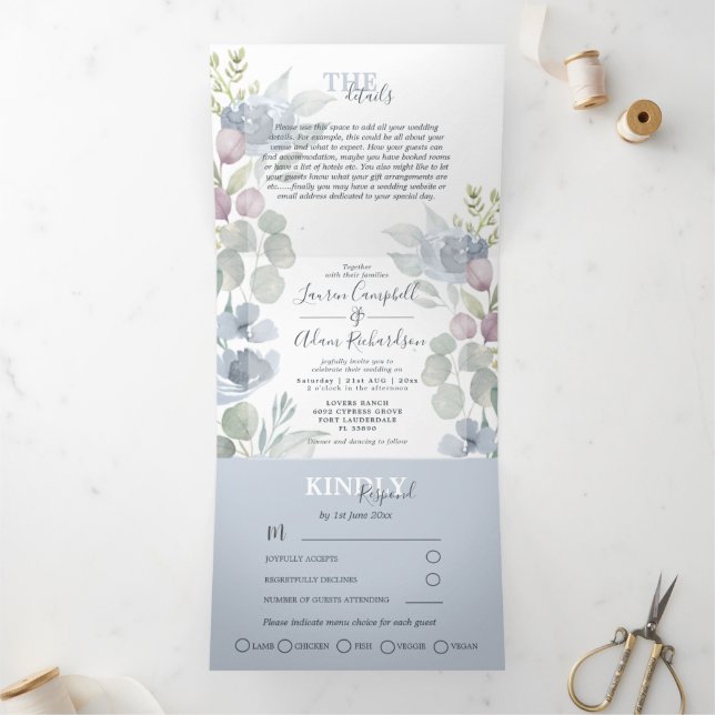Invitation Trois Volets Mariage Rustique Eucalyptus Floral Bleu Poussiéreu (Intérieur)